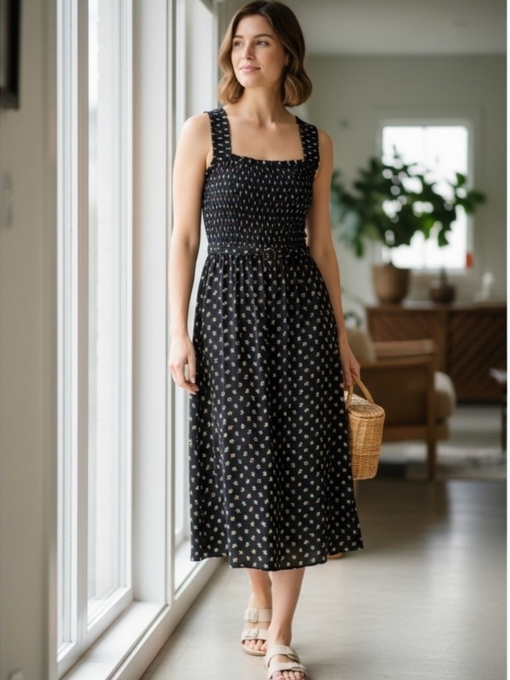 Boden Black Floral Smocked Midi Dress - Women's